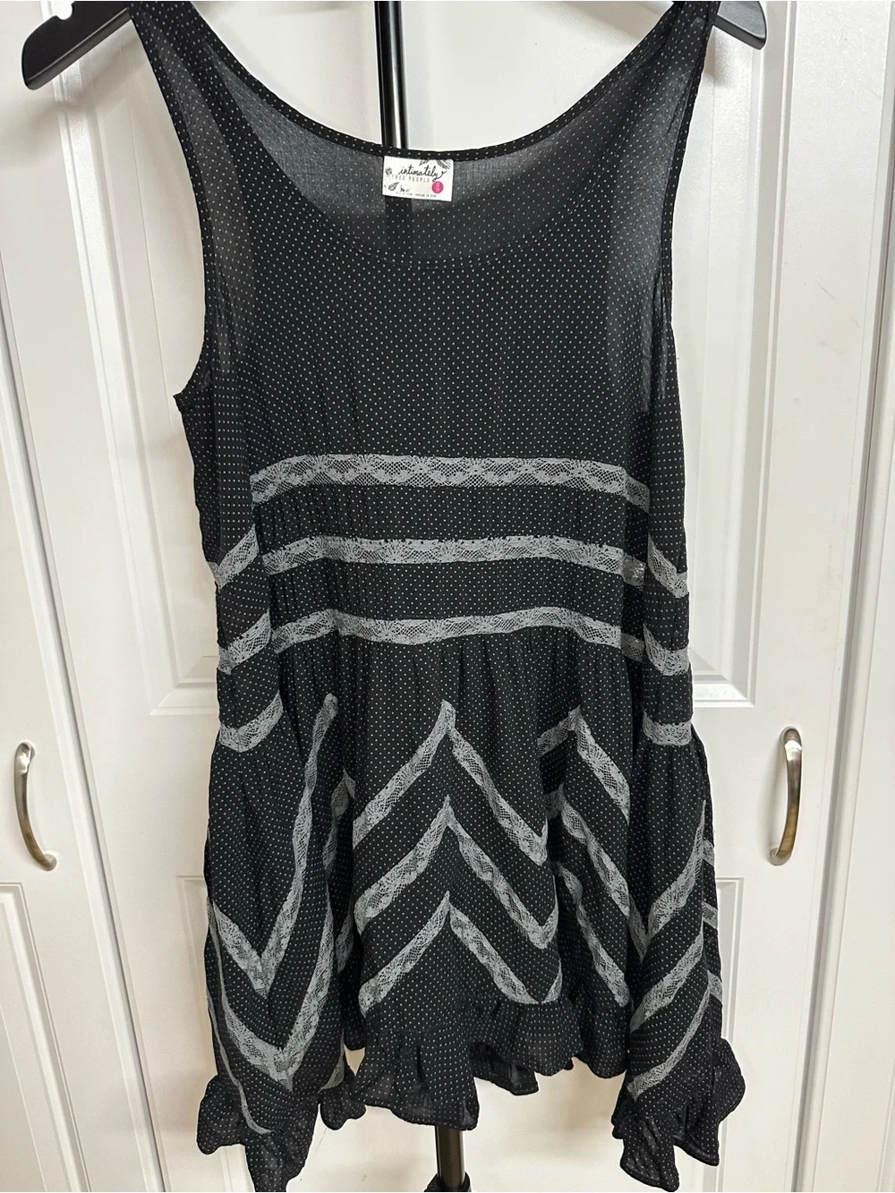 Intimately Free People Voile & Lace Polka Dot Trapeze Slip Dress Black Tunic XS